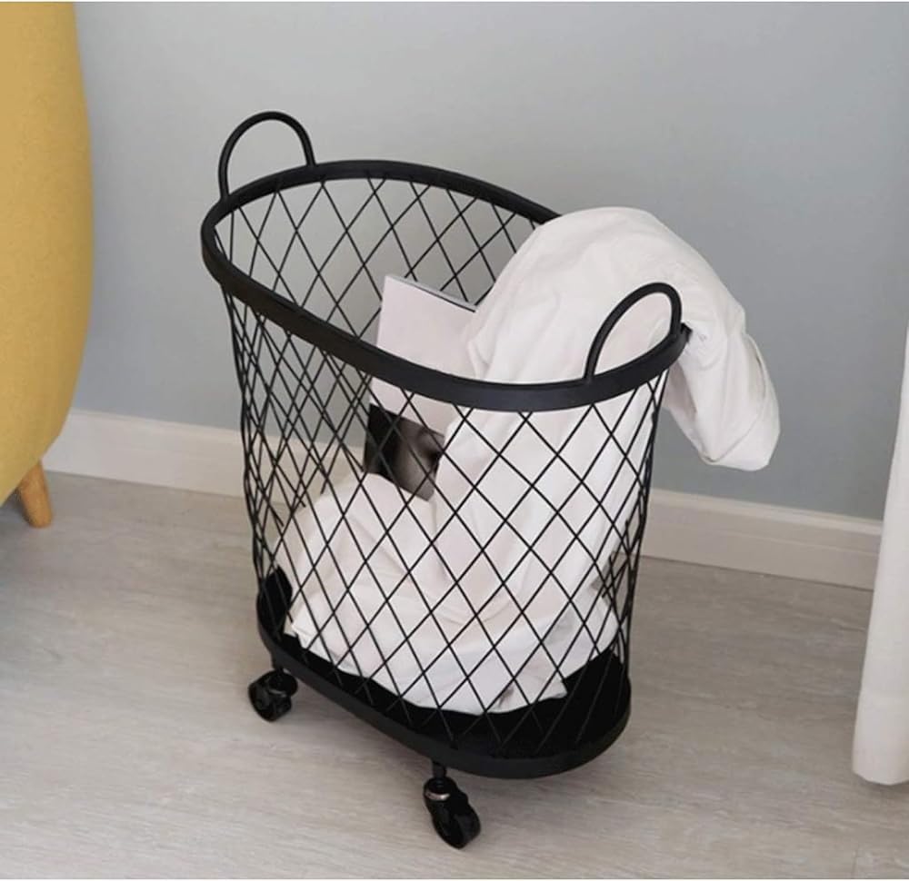 Cesto portabiancheria girevole a 360° con ruote, cesto portaoggetti ovale in metallo a rete per giocattoli, contenitore da cucina in ferro battuto, organizer mobile e durevole (dimensioni: 45 cm di lu