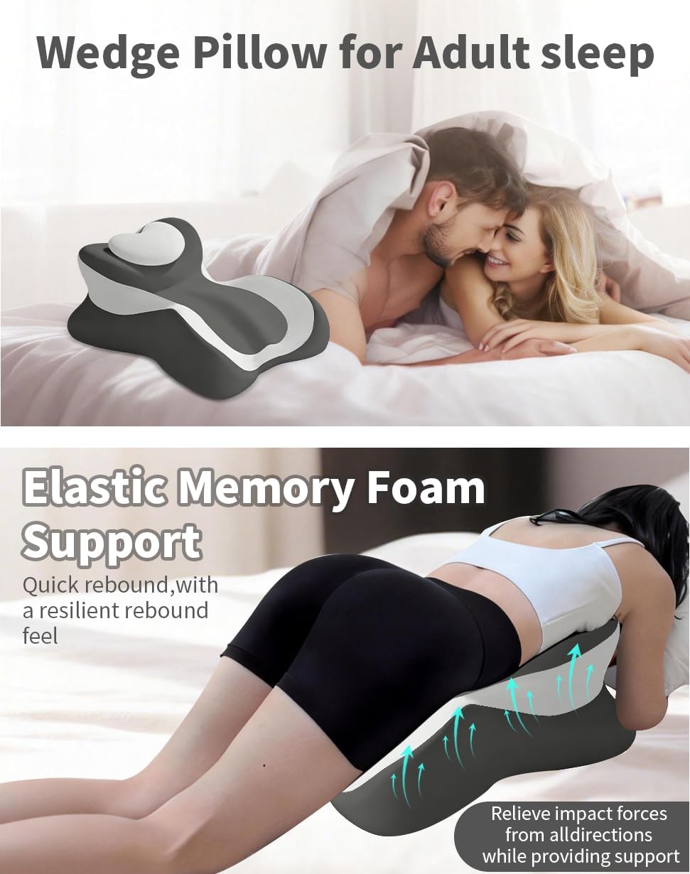 Memory Foam Wedge Pillow - Ergonomic Reading & Bed Wedge Pillow for Sleeping, Back Support, Acid Reflux, and Leg Elevation - Multi-Level Support with Removable & Washable Cover (Gray)