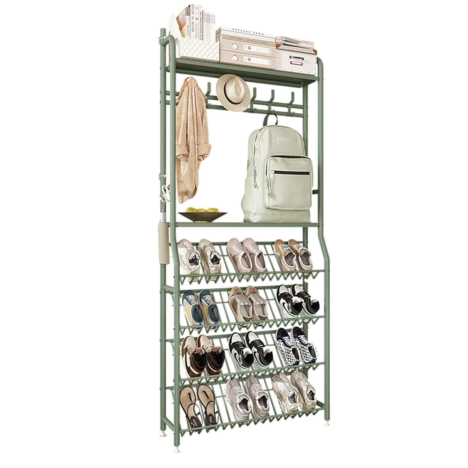FGXHHS Tall Narrow Shoe Rack with Coat for Entryway, Metal Storage 4 Slanted Shelves & Top Shelf, Space-Saving Design Anti-Tip Feature Small Spaces