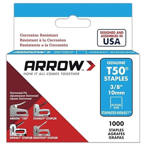 5 Pack Arrow Fastener 506SS1 T50 3/8" Flat Crown Heavy Duty Stainless Steel Staples 1000 per Package