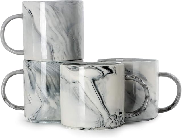 SHOWFULL 12 oz Marble Coffee Mugs, Stackable Novelty Marble Ceramic Cup for Men Women Boy Girl Lover, Family Mug Set of 4, Grey
