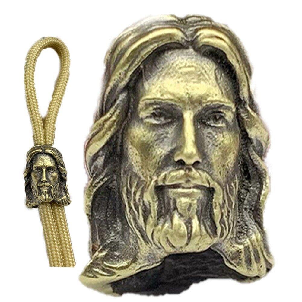 Dinntty Men's Retro Brass Jesus Knife Lanyard Bead Head Sculpture Brass Paracord Bead Diy Handcraft Bracelet Keychains Charms Pendant Accessories