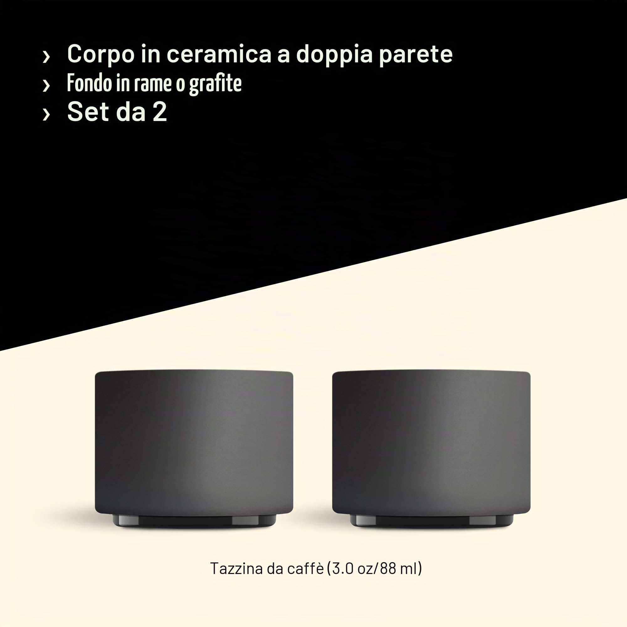 Fellow Monty | Tazze per il latte art | Piccole tazze in ceramica a doppia parete | Nero opaco con base in grafite | Tazze da 90 ml (set di 2)