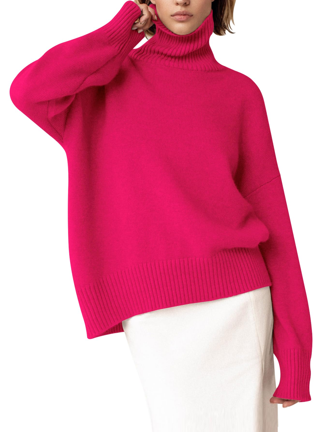 YKR Women's Turtleneck Sweater Chunky Long Sleeve Knitted Pullover High Low Hem Sweater Jumper Top Rosered XS