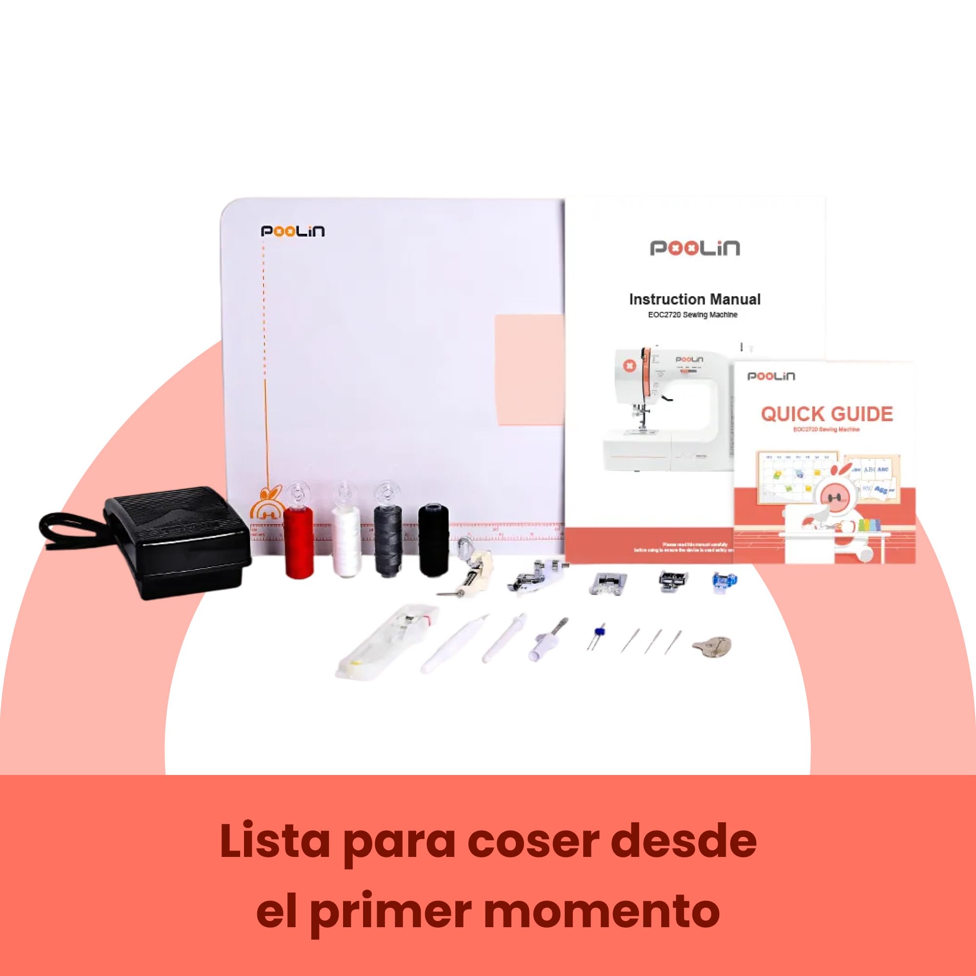 PooLin Máquina de Coser Computarizada Poolin EOC02, completa, con pantalla LCD, mesa amplia, ojales automáticos en 1 paso, enhebrador automático, 7 prensatelas, portátil e ideal para principiantes y u