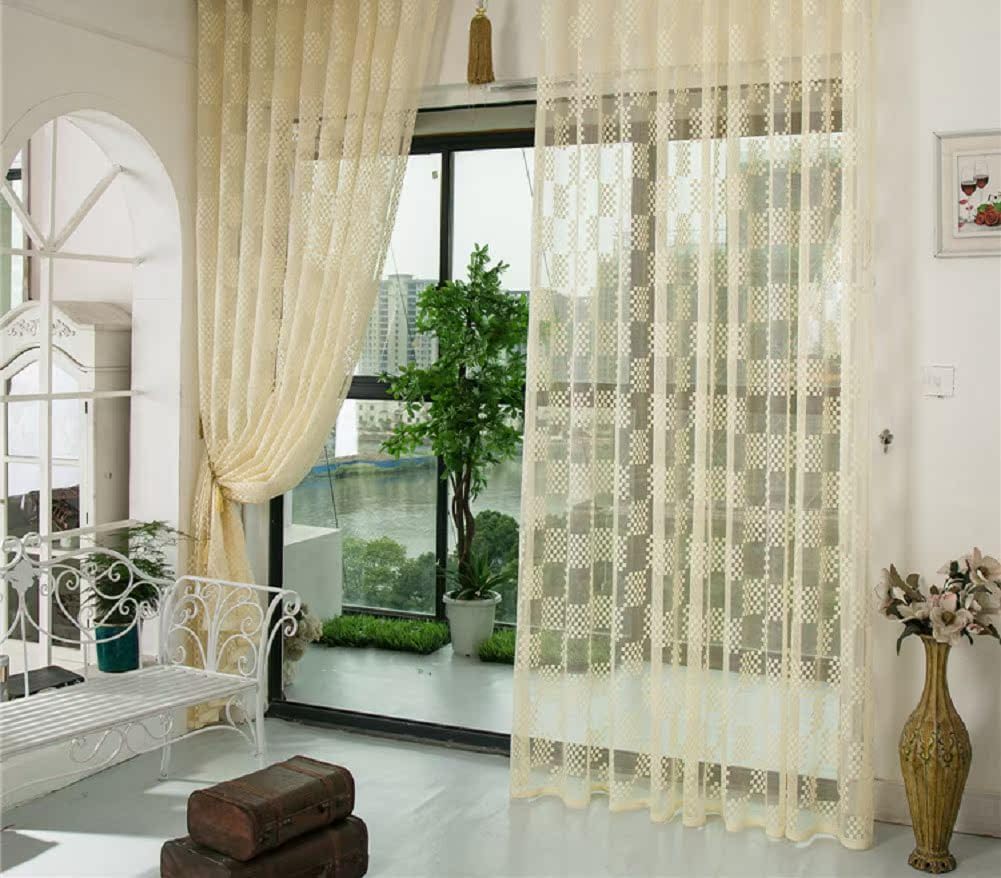 HooHero Yellow New Jacquard Hollow Grid 100 Width Sheer Curtains Voile Window Treatment Basic Rod Pocket Top for Living Kids Room Bedroom