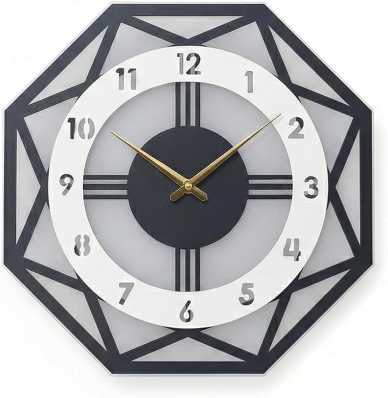 Modern Geometric Octagonal Wall Clock, Wood & Acrylic Layered 3D Decorative Wall Clock for Living Room Bedroom Office (Multicolor | Pack of 1)