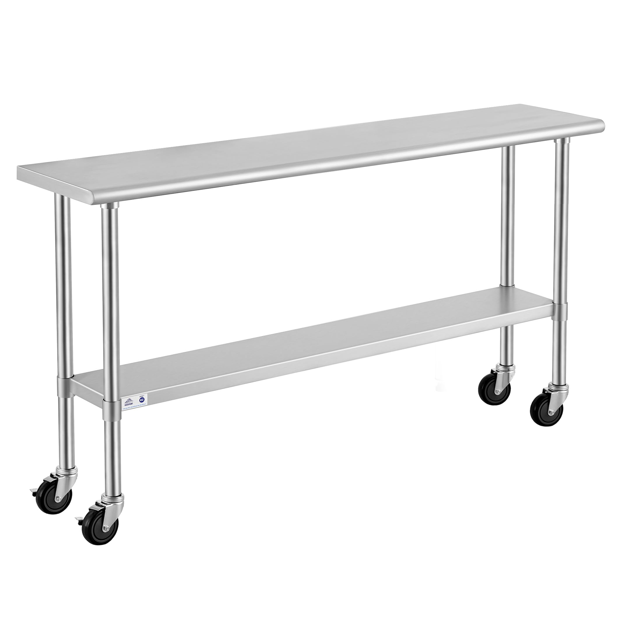ROCKPOINT Stainless Steel Table for Prep &amp; Work with Caster Wheels 14x72 Inches, NSF Metal Commercial Kitchen Heavy Duty Table with Adjustable Under Shelf and Table Foot for Restaurant, Home and Hotel