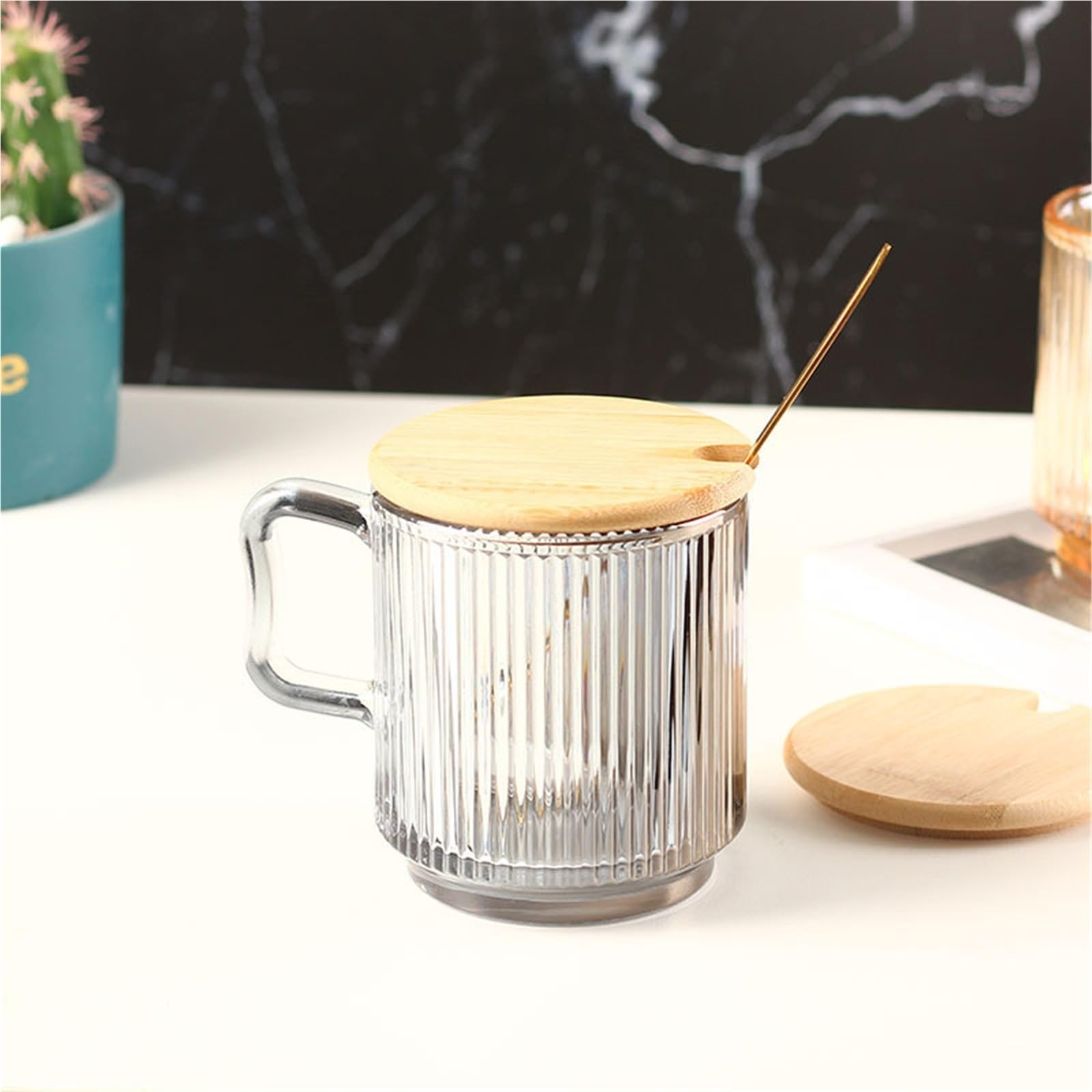 Tazza in Vetro con Manico e Coperchio, Cucchiaio, Tazza per Acqua, Latte per Uso Domestico, caffè e tè