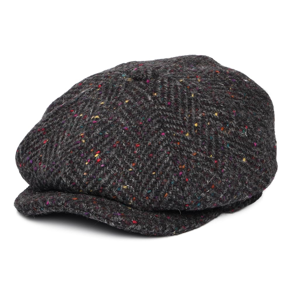 Jaxon & James Heavyweight Donegal Tweed Herringbone Errigal Newsboy Cap - Charcoal-Multi - Medium