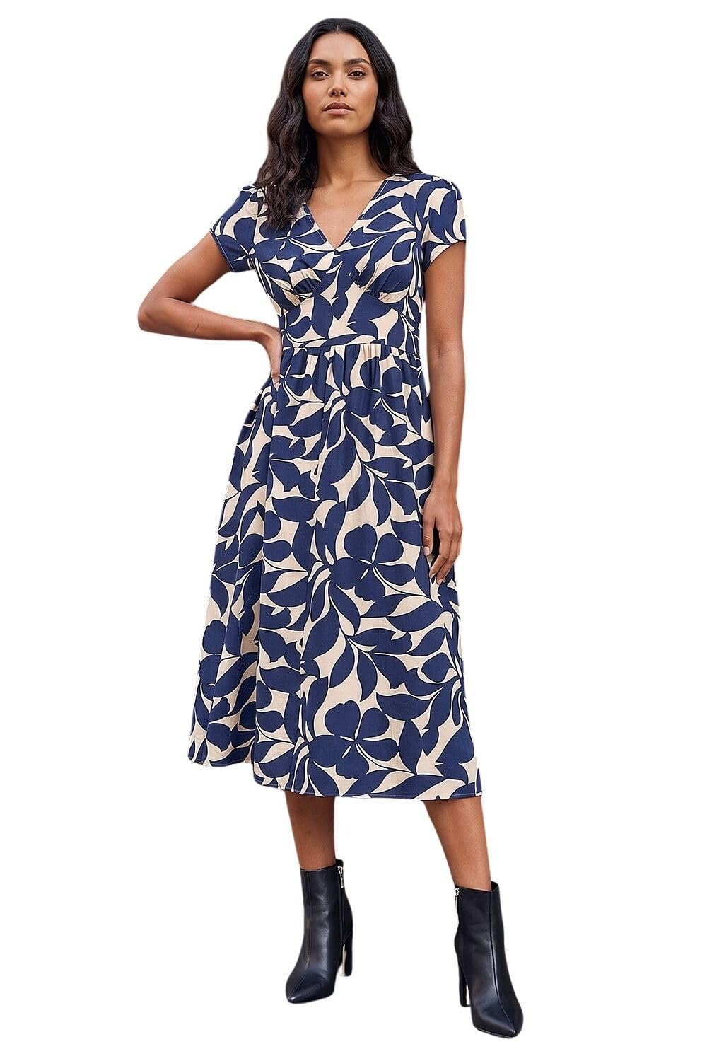 Roman Leaf Print V-Neck Midi Dress - Navy