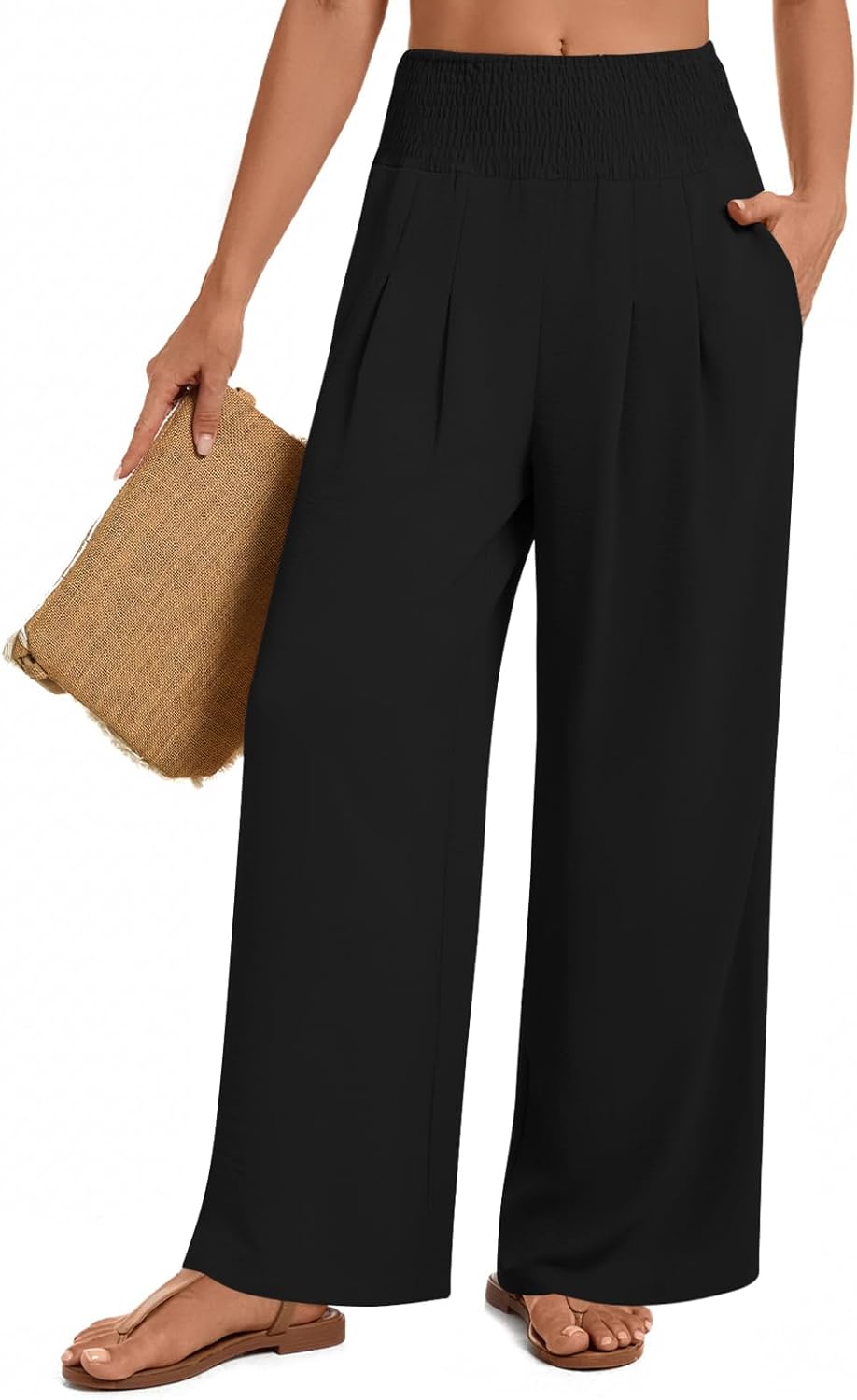 Womens Wide Leg Pants Palazzo Casual Flowy Elastic Waist Pant Dressy Long Lounge with Pockets - Image 2