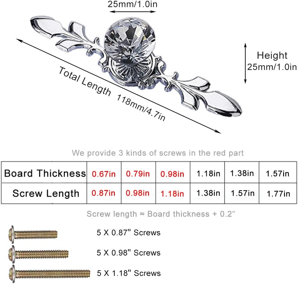 5 Pack Silver Diamond Clear Crystal Glass Decorative Knobs with Plate,Drawer Dresser Pulls Handles with 3 Kinds of Screws for Kitchen Bathroom Office Decoration (5 Pack, Small, Silver)