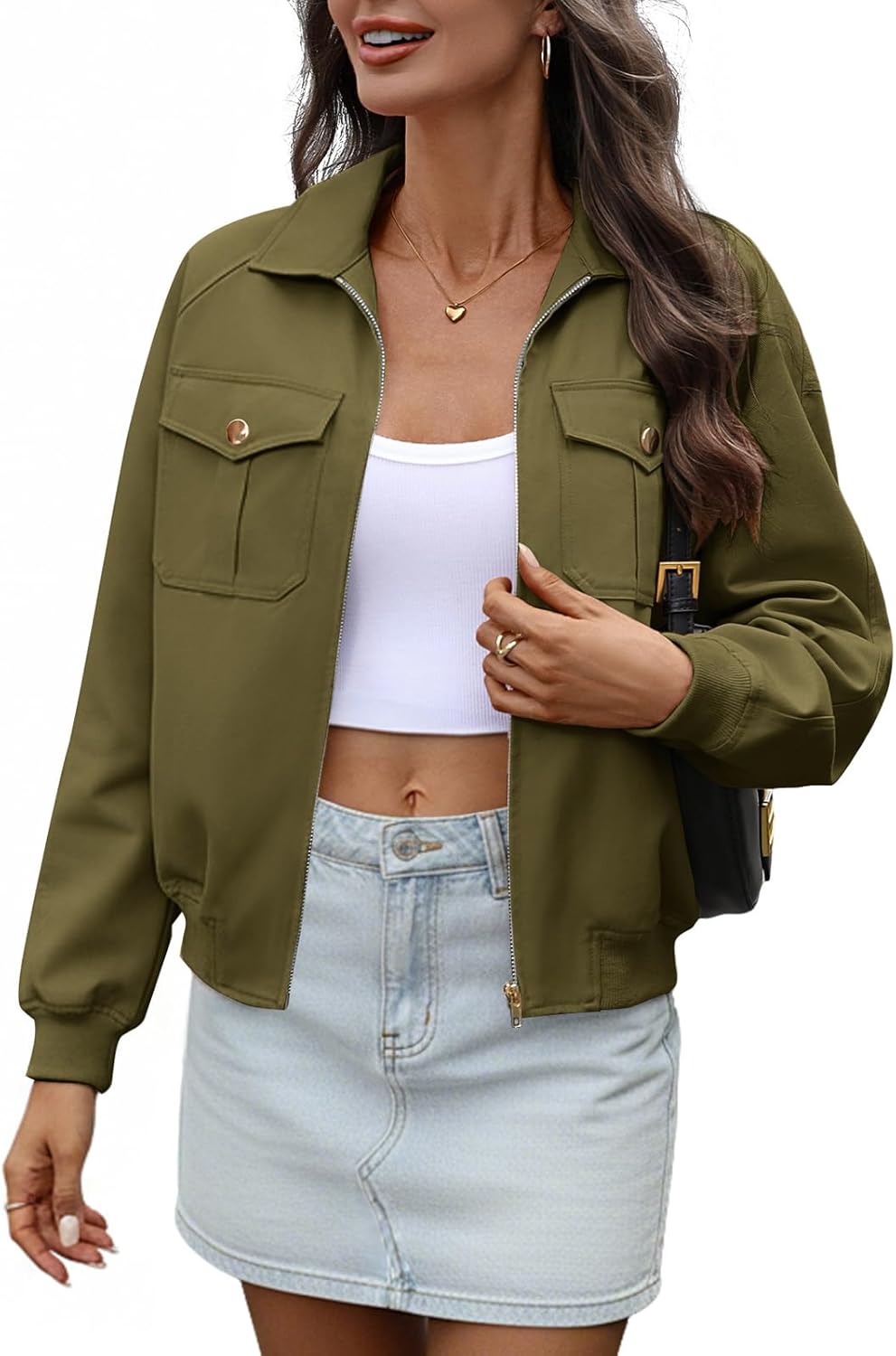 Women's Crop Zip Up Bomber Jacket Long Sleeve Collar Ribbed Hem Oversize Casual Jackets Cotton Tencel Chest Pockets