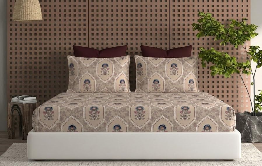 Image of DECOMIZER Cotton Feel All Around Elastic Fitted Glace Printed Single Bed Bedsheet with 1 Large Pillow Cover Fits Upto Mattress of 6 Inches,Size - 42 x 75 x 8 Inches, Beige Vase Flower