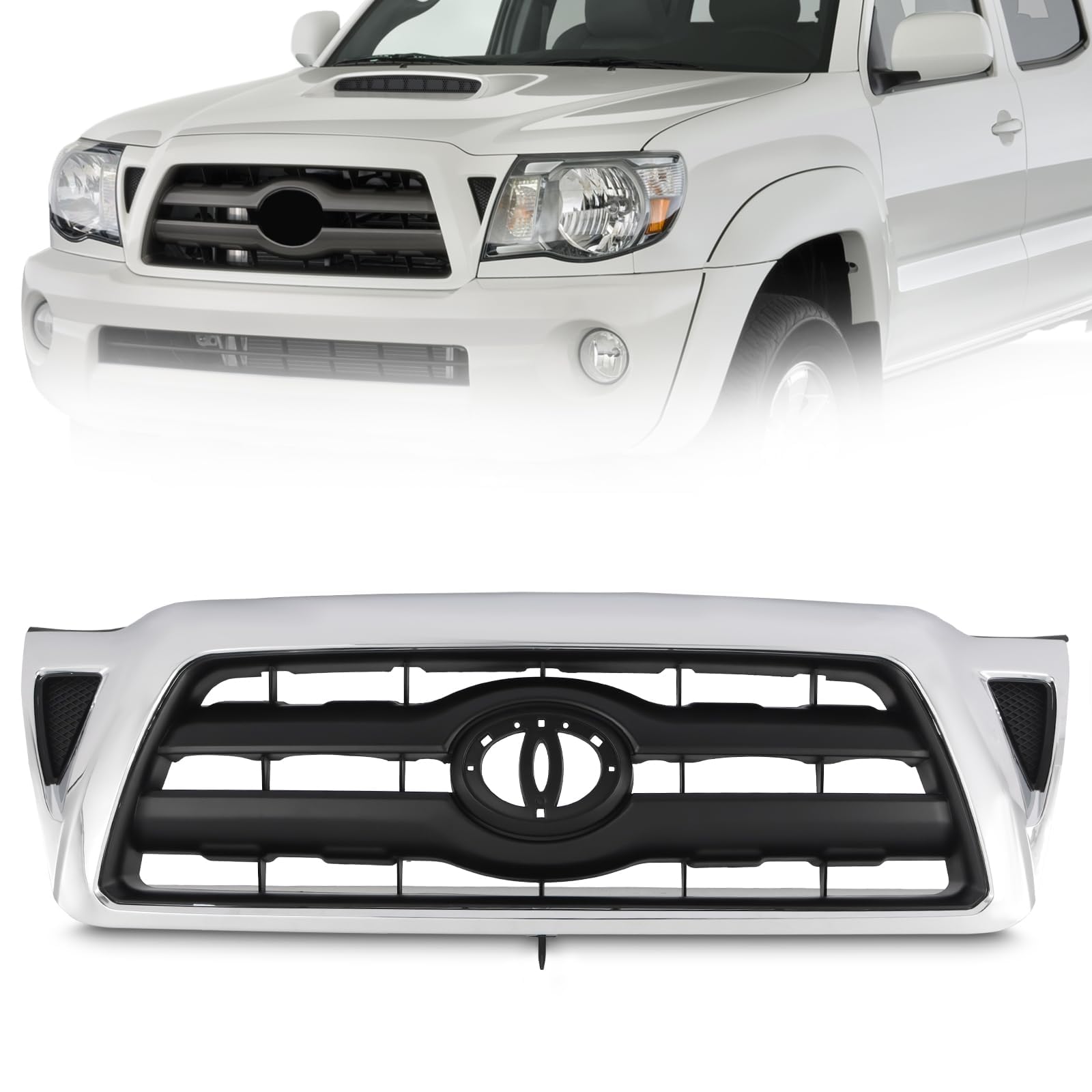 KARPAL Front Bumper Upper Grille Grill Compatible with 2005-2011 Toyota Tacoma Replaces 5310004360, TO1200268 Chrome (Not White)
