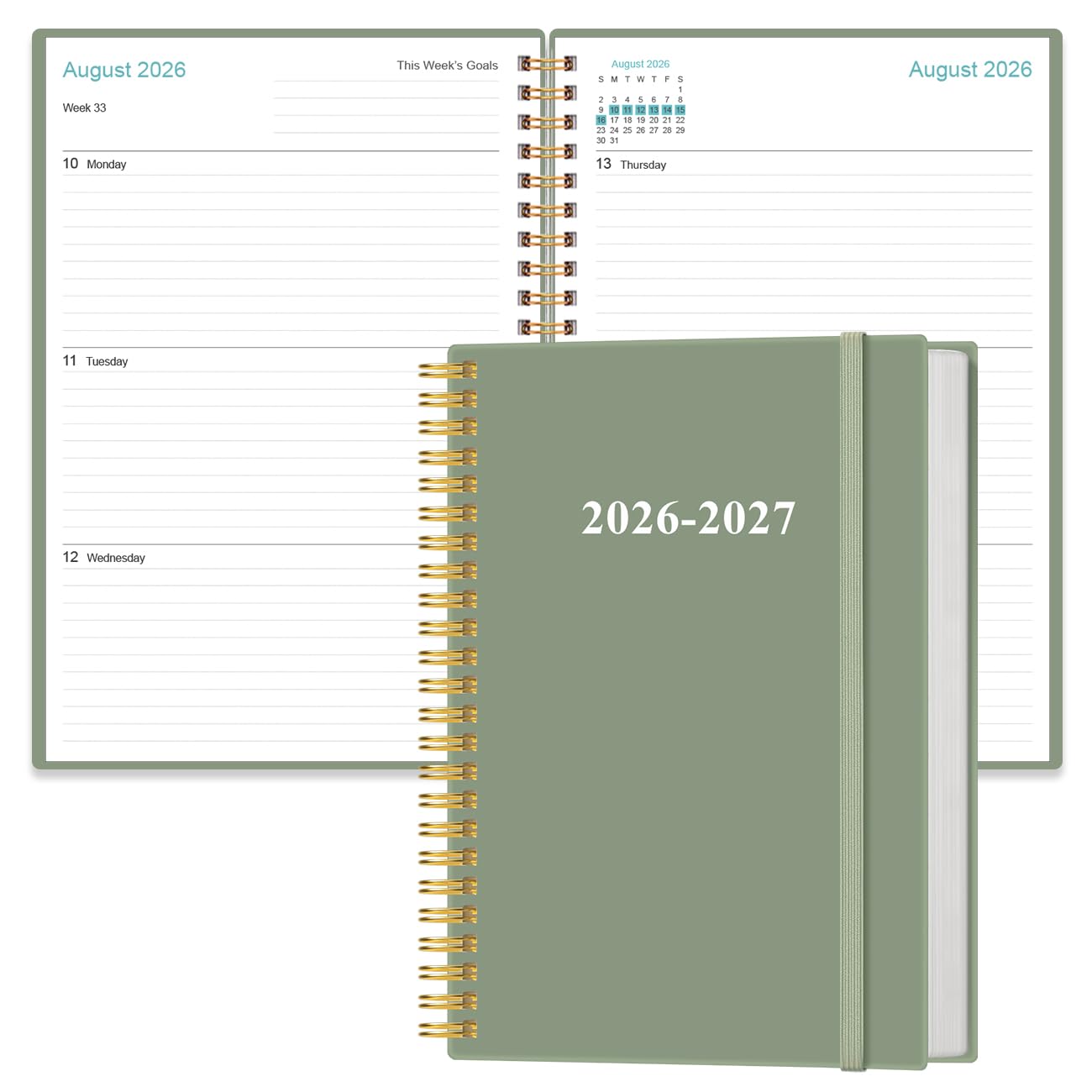 Agenda 2025-2026, 18 mesi, settimanale e mensile da gennaio 2025 a giugno 2026, agenda a spirale 2025 con chiusura elastica, tasca interna, 21,6 x 27,9 cm, verde acqua