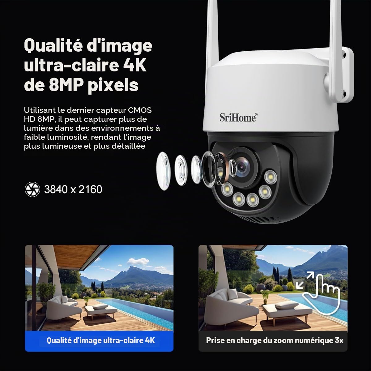 SRIHOME 8MP 2.4/5GHz PTZ caméra de Surveillance WiFi extérieure 3X électronique Zoom Suivi Automatique détection Humaine Audio Vision Nocturne bidirectionnelle
