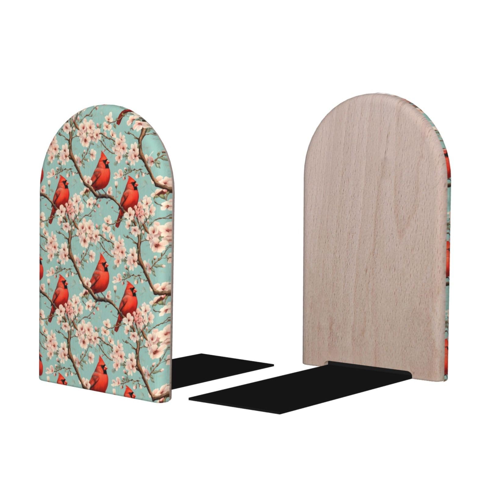 Red Cardinal On Branch Print BookEnds 1 Pair, Decorative Bookends for Heavy Books, Wood Book Ends for Shelves, Book Organizer for Home Desk Office Supplies