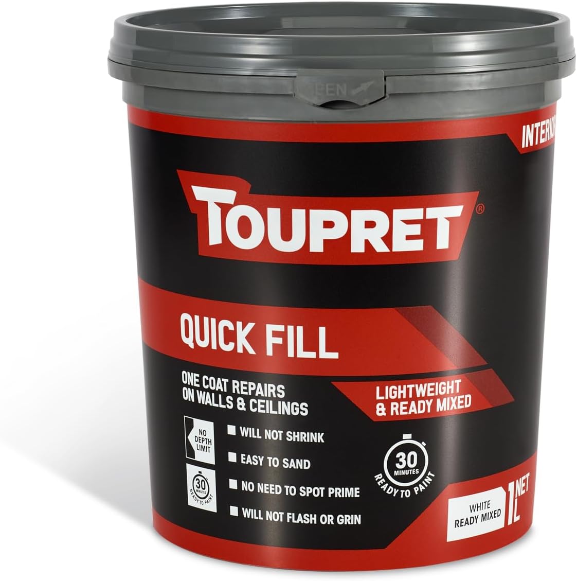 Toupret Quick Fill - Fast-Drying Ready Mixed Interior Filler for Walls & Ceilings - One Coat, No Shrink, No Crack - Quick Wall Repairs, Paint in 30 Minutes - Smooth White Finish - Easily Applied - 1L