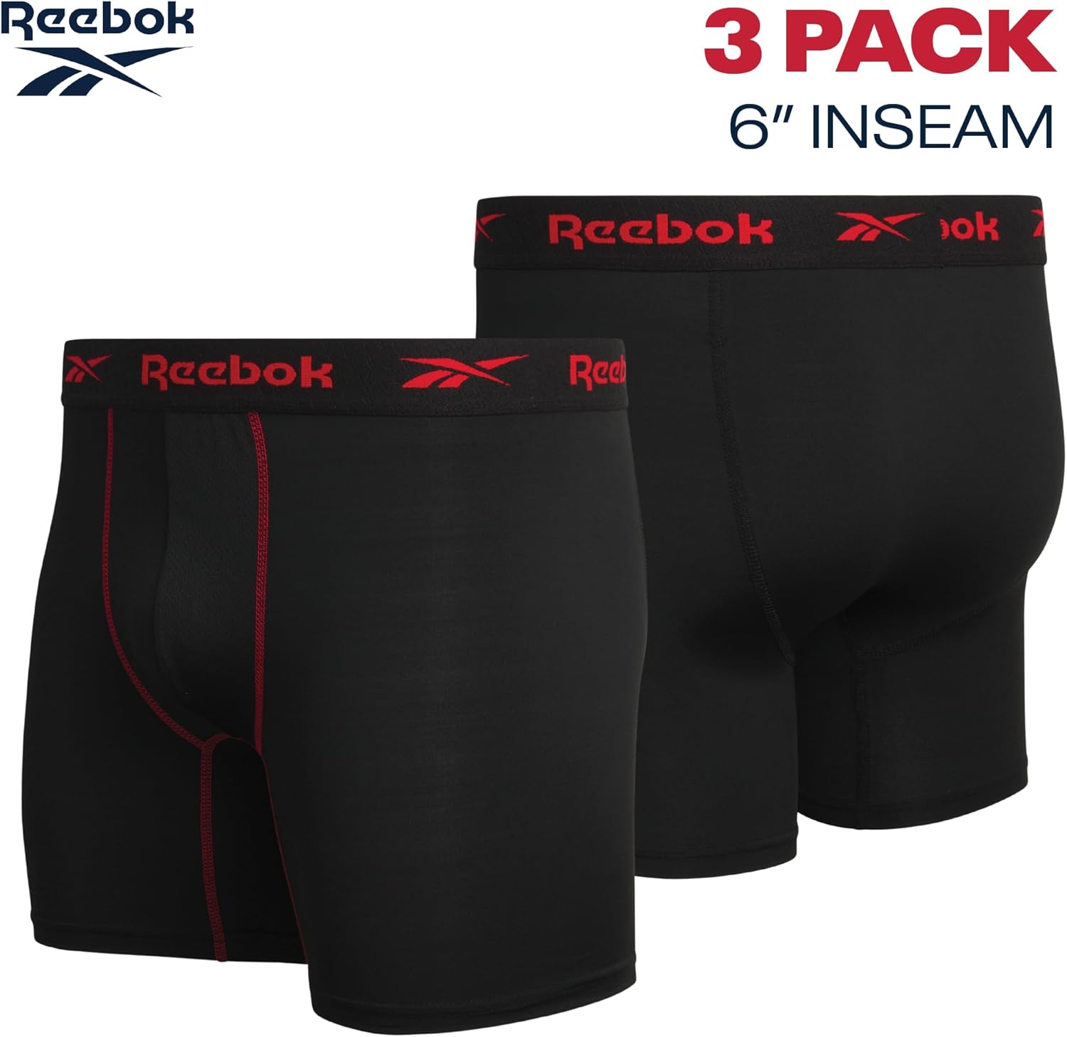 Reebok Mens Boxer Briefs - 3 Pack Athletic Stretch Moisture Wicking 6” Inseam Mens Underwear Boxer Briefs with Contour Pouch - Image 3
