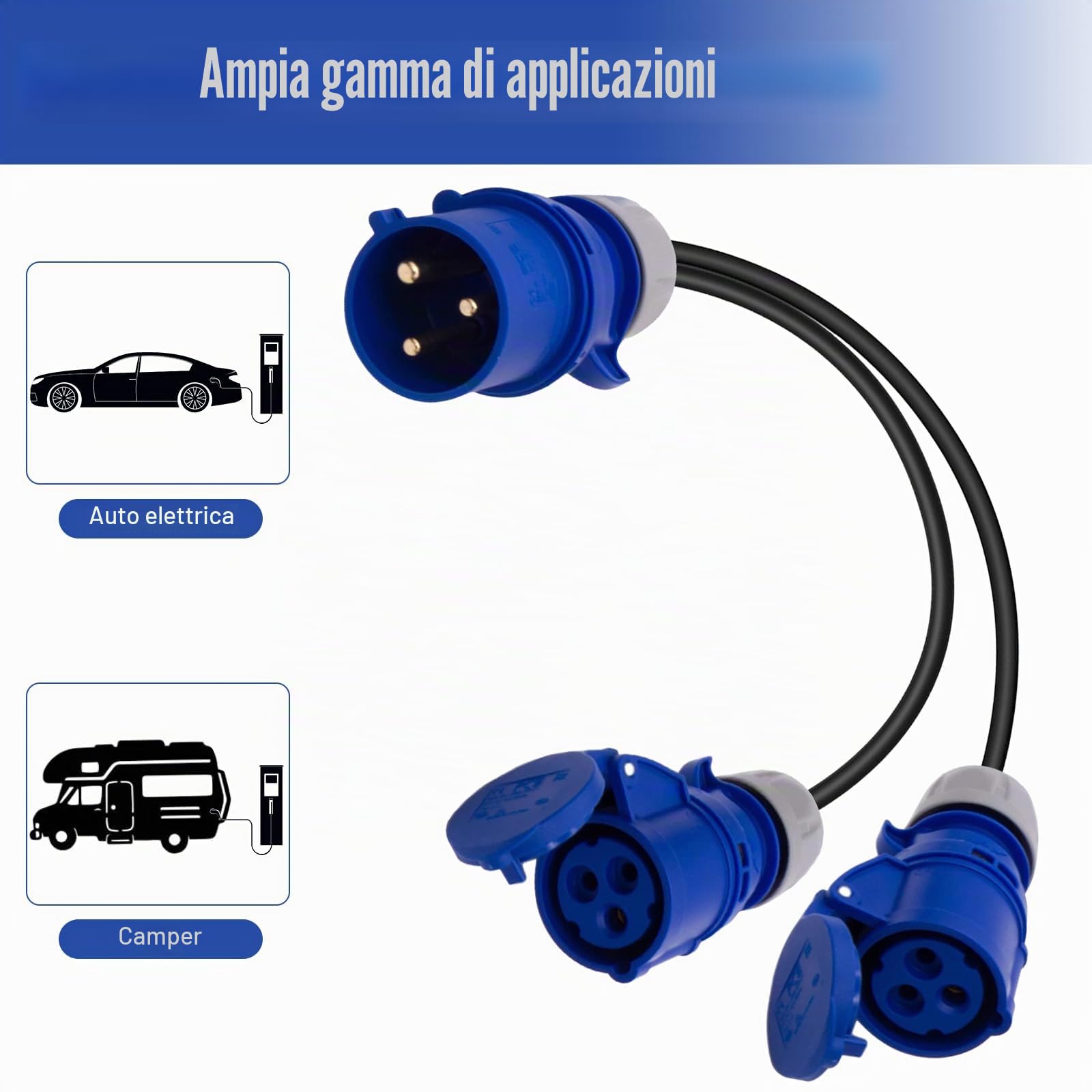 32 A maschio su 2 prese da 16 A, splitter di potenza a 2 vie, adattatore per caravan con cavo di collegamento IP44