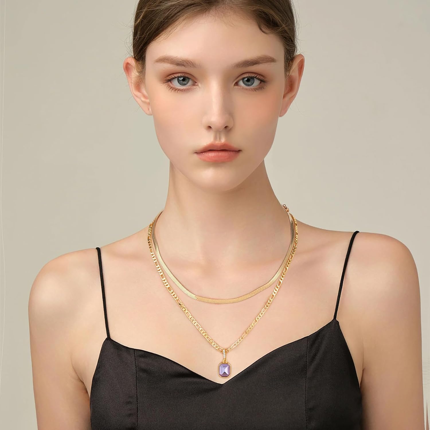 Mesovor Gold Crystal Layered Necklaces for Women Trendy, 18K Gold Plated Statement Crystal Pendant Necklace | Birthstone Necklace Jewelry Gifts - Image 3