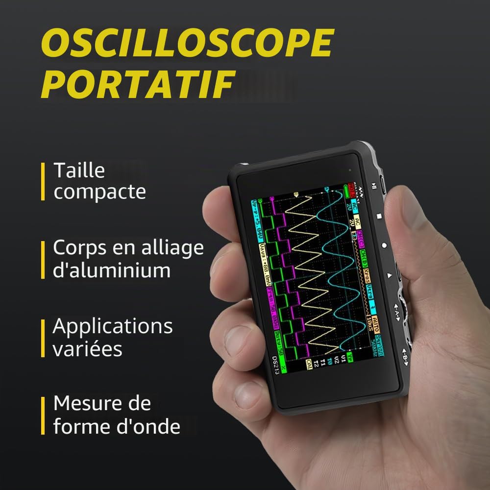 MINIWARE Oscilloscope Portable DS213, Oscilloscope Portable Mini Taille Portable, Batterie Rechargeable Intégrée, 4 Canaux, Bande passante 15Mhz, Oscilloscope d'Entrée de Niveau pour Débutant