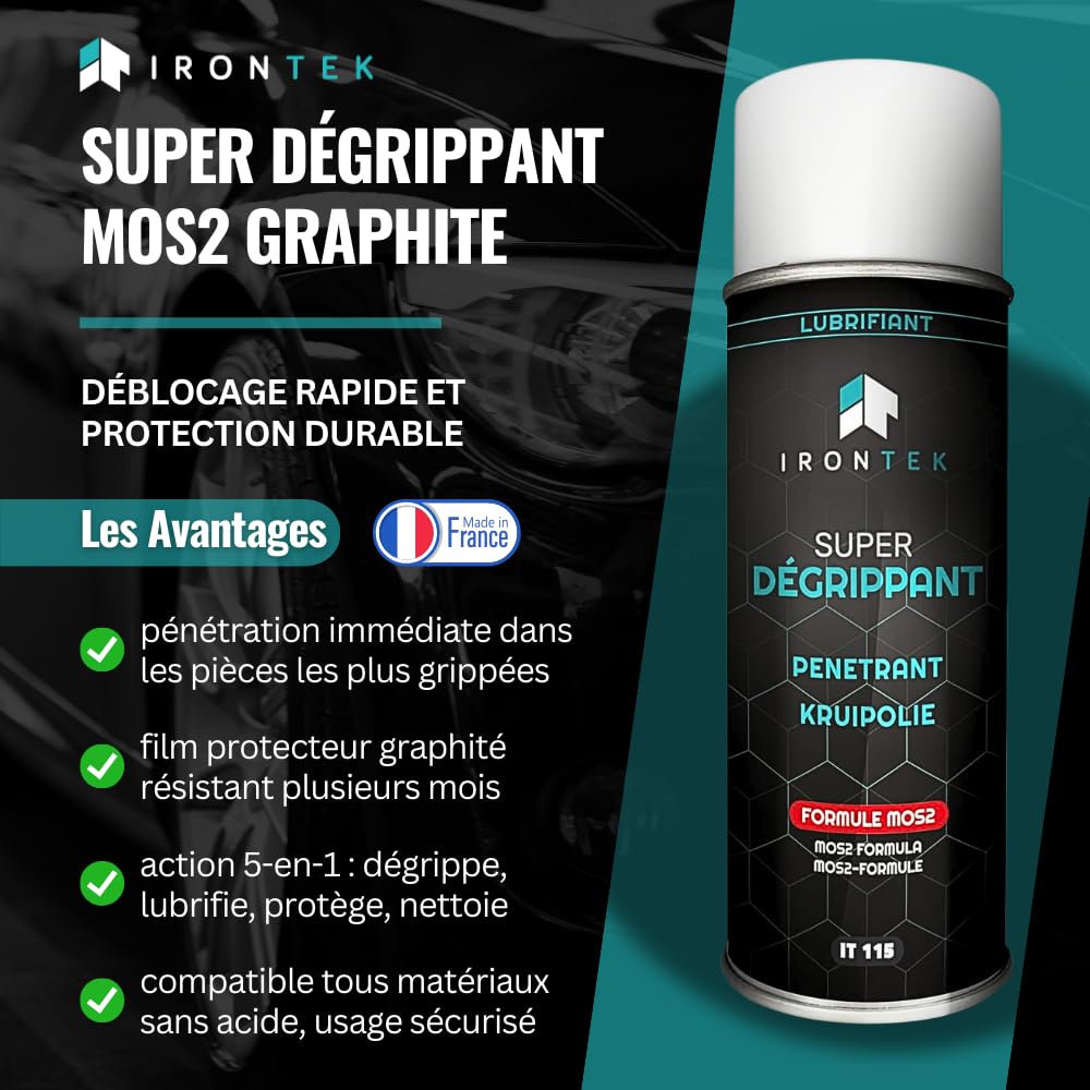 Dégrippant Lubrifiant Pro MoS2 Graphite 400ml - IRONTEK | IT115 | Action Rapide Pénétrante | Débloque Pièces Grippées