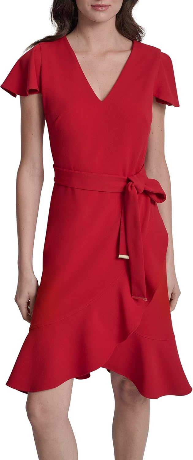 DKNY Womens Short Sleeve V-Neck Belted Mini Dress