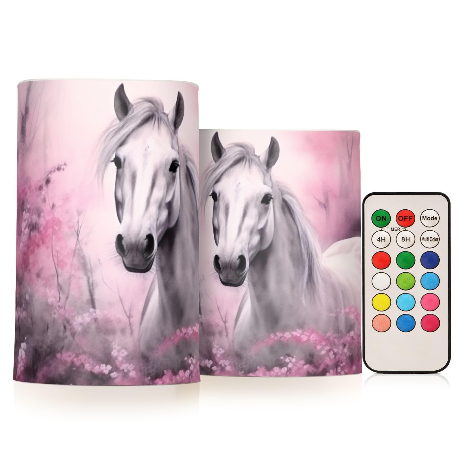 Kigai White Horse Flameless Candles with Remote Control and Timer,Battery Operated LED Pillar Candles Adjustable Brightness for Ourdoor Indoor Use,Home Decor,2 Pack