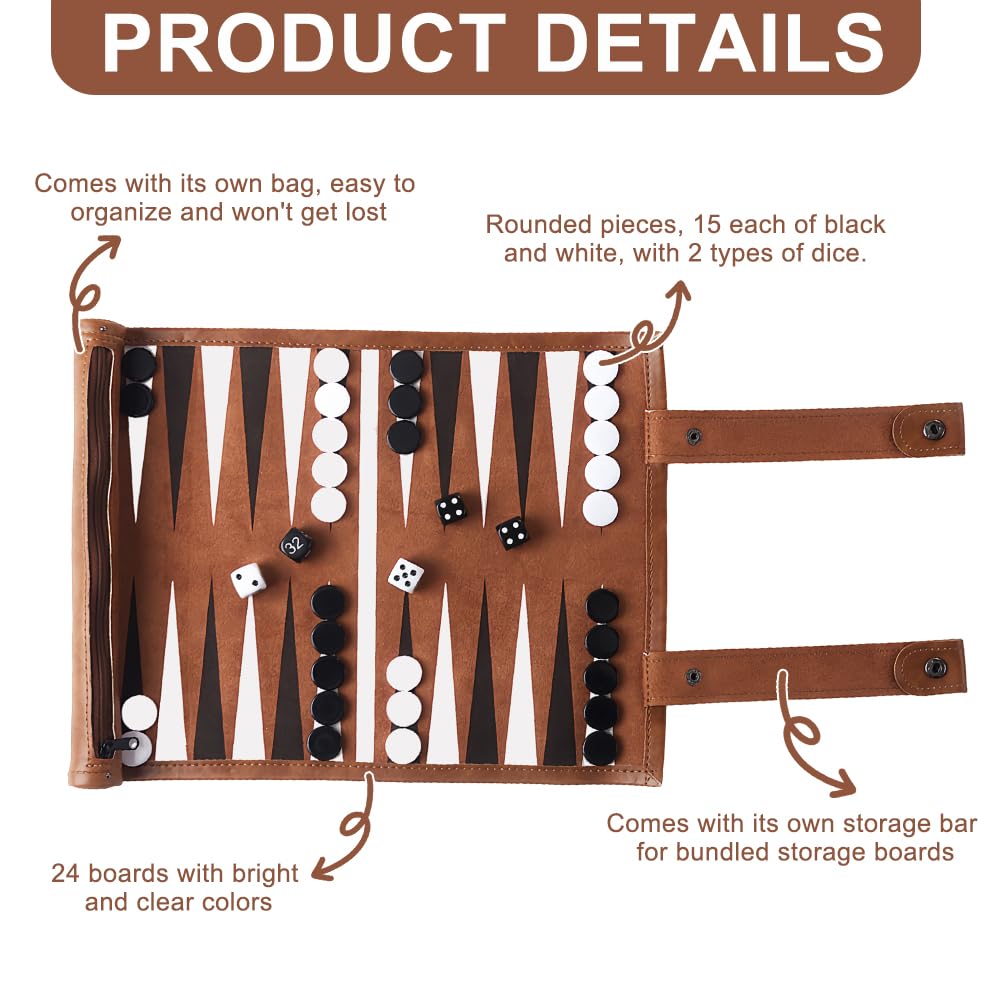 SGZIOO Travel Backgammon Set, Roll Up Board Game Travel set, Portable Board Game Sets Leather with Traditional Tan Design - Image 4