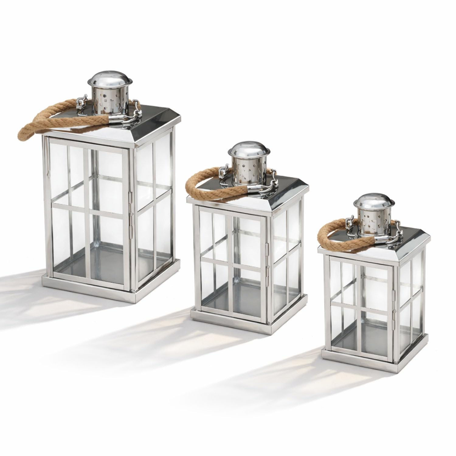 Mojawo 3er Set XL Gartenlaterne Edelstahl Glas Windlicht Kerzenhalter Laternen mit Seilgriff H27/39/52m