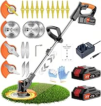 21V Cordless Strimmer Cordless Grass Trimmer, Cordless Strimmer with 2 Pieces 2Ah Li-ION Battery and Charger, Lawn Edger Tool for Trimming Grass Weed