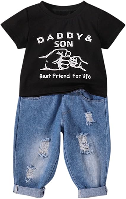 Generic Baby,Clothing,Baby Boys 0-24m,Outfits & Clothing Sets Children Kids Toddler Infant Baby Boys Letter Short Sleeve T Shirt Blouse Tops Ripped Jeans Pants Trousers Outfit Set 2PCS Clothes Baby Outfit Boy (White, 12-18 Months)