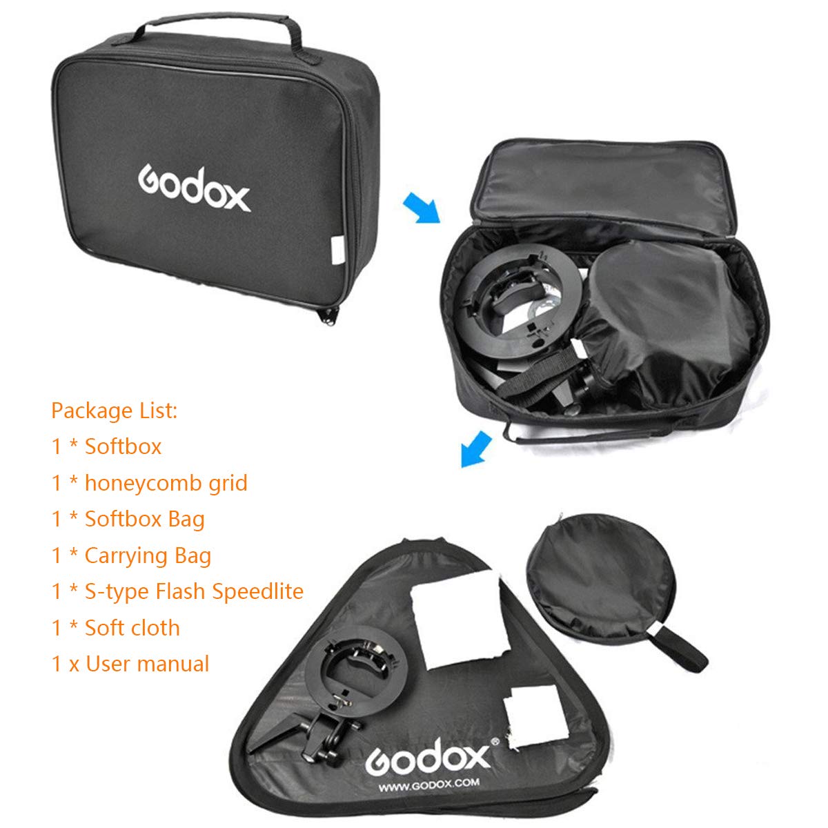 Godox Soporte Tipo S para Bowens con Soporte Plegable de 60 x 60 cm, Caja de luz de 24 x 24 Pulgadas, Rejilla de Panal y Kit de Bolsa para cámara Flash Estudio de fotografía