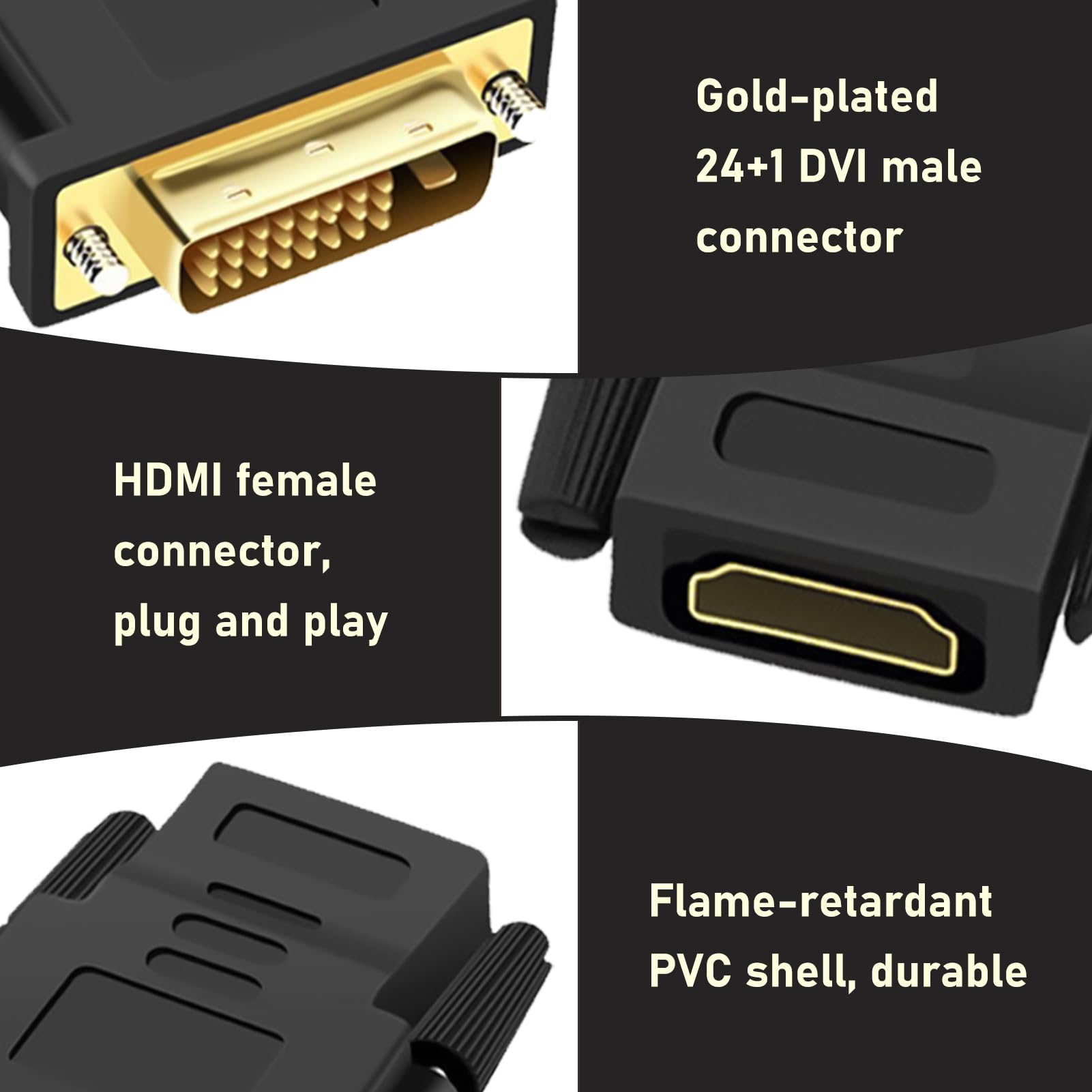 Adaptateur DVI vers HDMI Bidirectionnel Mâle vers Femelle, Connecteur Vidéo Numérique Full HD 1080p, Plaqué Or
