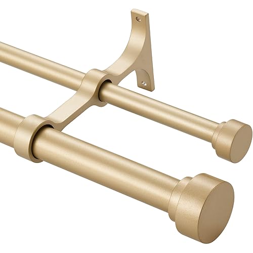 Heavy Duty Double Curtain Rods with Cylindrical Cap Finials - 72 to 144' Telescoping Rods, Front 1' Diameter, Back 5/8' - Light Gold
