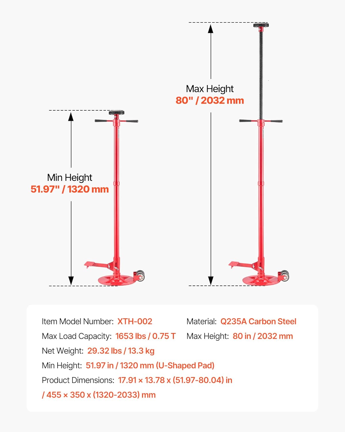 VEVOR Underhoist Support Stand, 3/4 Ton (1653 lbs) Capacity Under Hoist Jack Stand with Two Wheels, Lifting from 51.97" to 80", Bearing Mounted Spin Handle, Foot Pedal, Support Vehicle Components