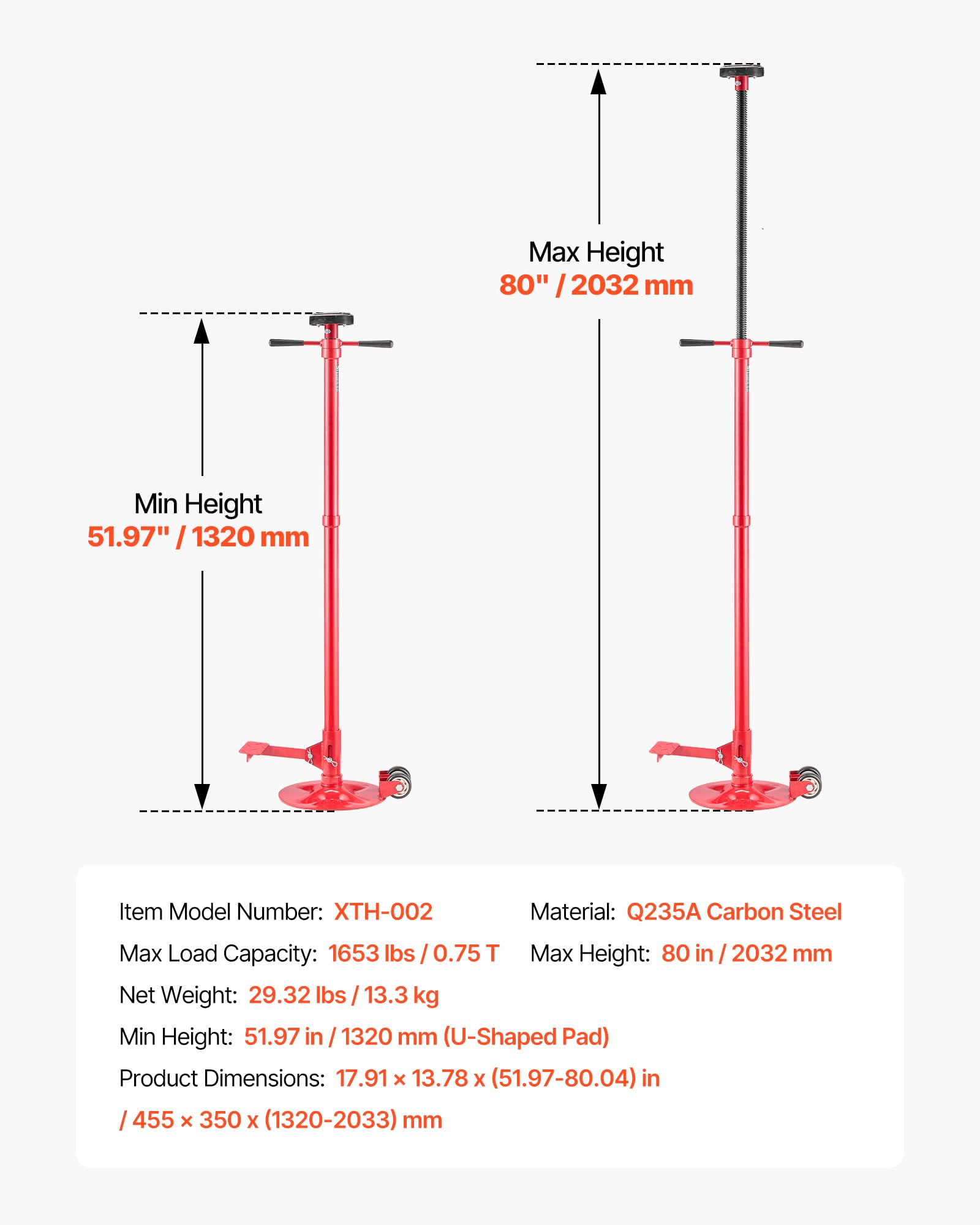 VEVOR Supporto per Fossa e Sottoponte Carico Max. 0,75 Tonnellate, Asta da Fossa Altezza Regolabile 132-203,2cm, Maniglia Girevole, Cuscinetti, Pedale, Riparazioni Manutenzione da Officina Garage