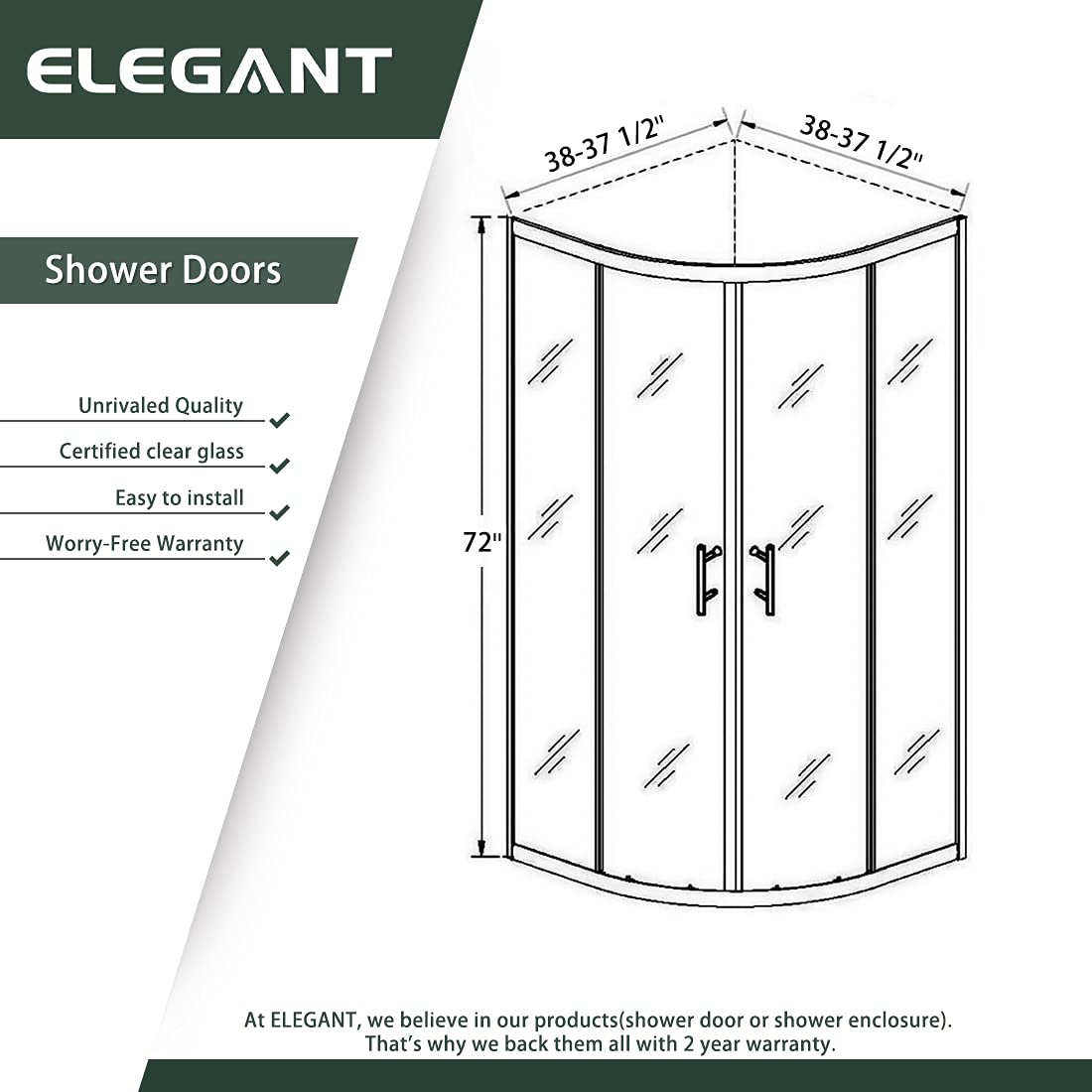 ELEGANT Corner Shower Enclosure 38" D x 38" W x 72" H Round Corner