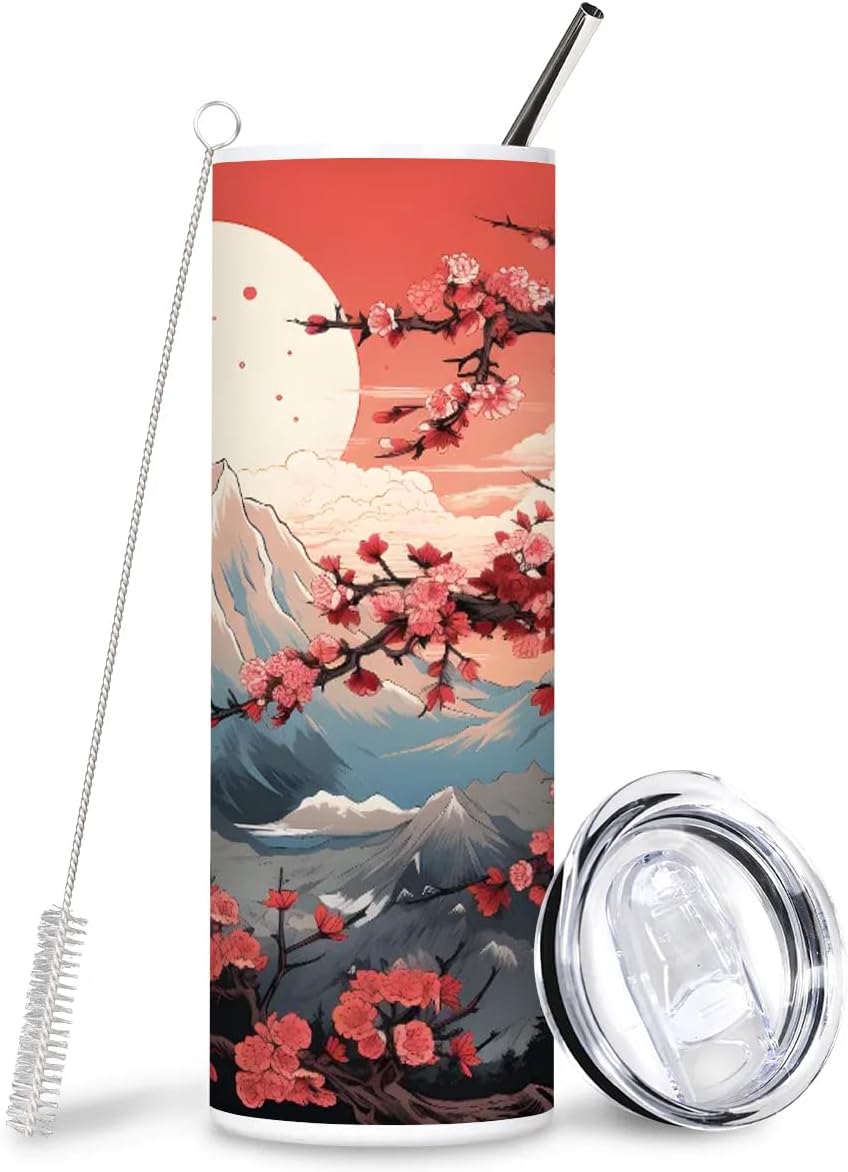 Cherry Blossoms Sunrise 20 oz Tumbler with Lid and Straw Travel Coffee Mug Spill Proof Stainless Steel Double Wall Vacuum Insulated Cup