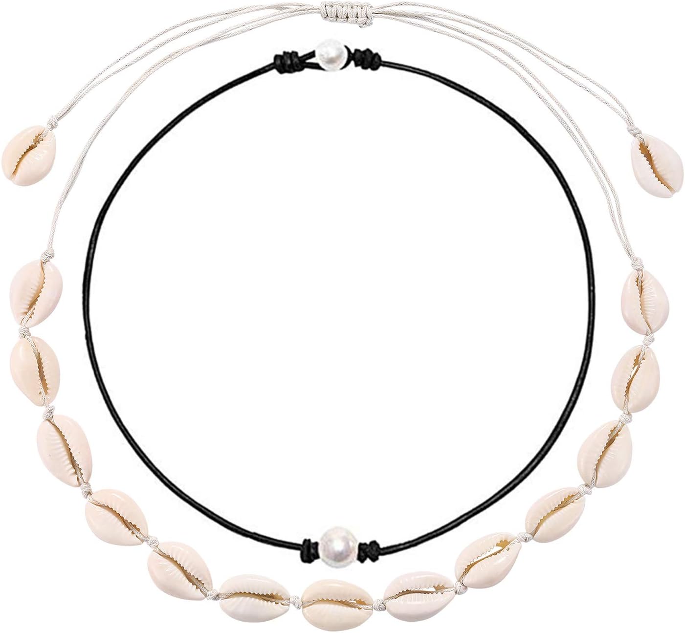 ASELFAD Shell and Pearl Choker Set Natural Cowrie Shell Necklace for Women Vsco Puka Shell Necklace Adjustable Hawaiian Beach Seashell Necklace