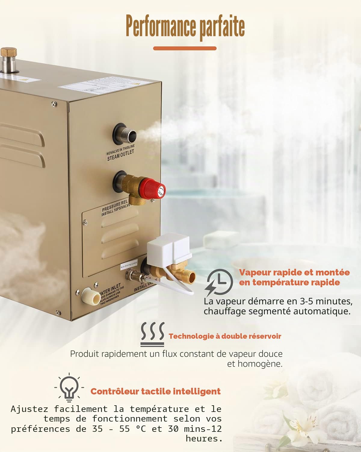 CGOLDENWALL 10.5KW Générateur de Vapeur 220V Automatique Drainage Commercial Maison pour Sauna/Douche/Bain/Spa, avec Contrôle Intelligent 25-55℃ pour 10.5m³(371ft³) Chauffage de l'espace