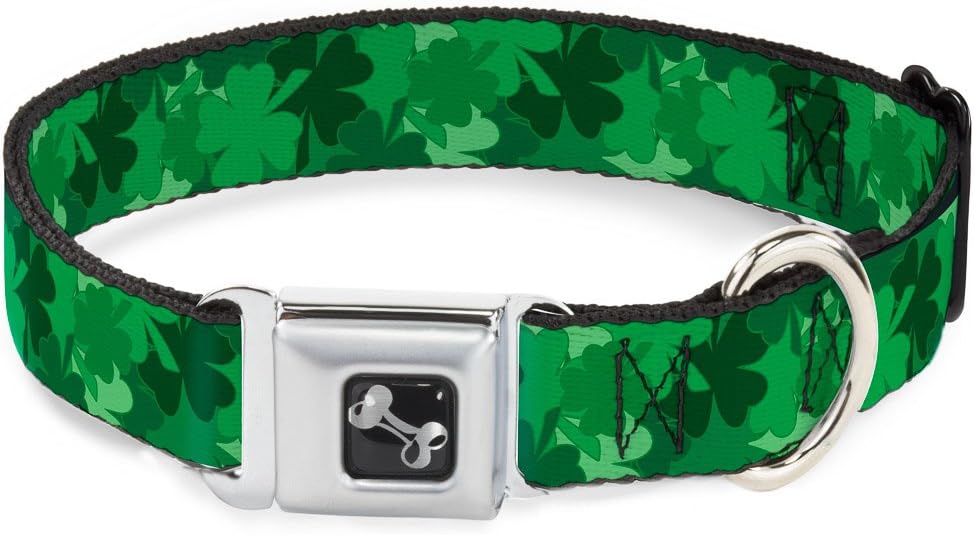 Dog Collar Seatbelt Buckle St Pats Stacked Shamrocks Greens 13 to 18 Inches 1.5 Inch Wide