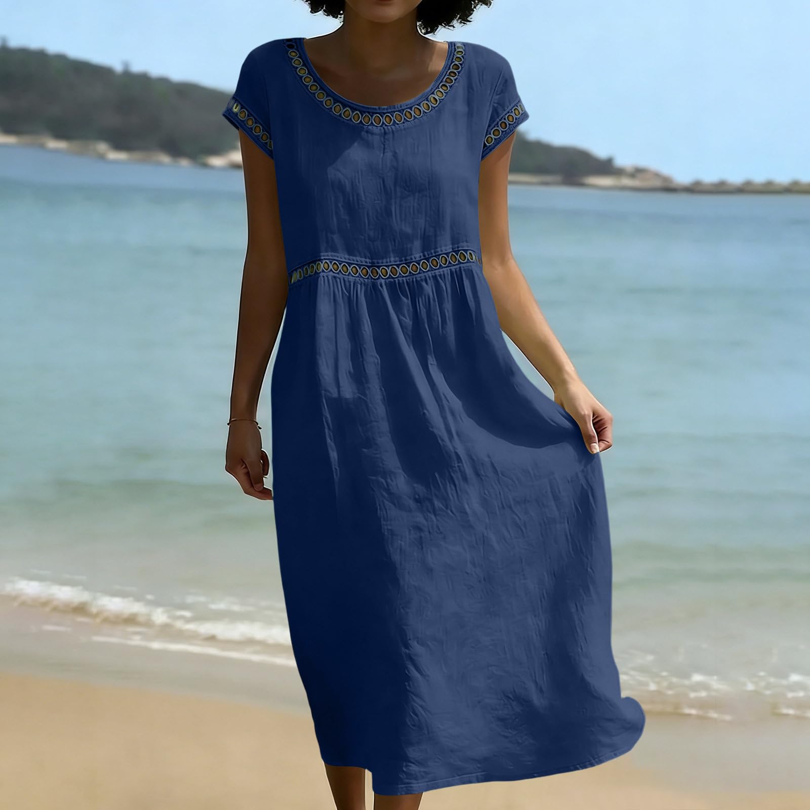Générique Robe Femme Chic D'Été en Lin Coton Robe Ajourée Respirant Manches Courtes Col Rond Robes Tunique Decontractée Casual Dress Droite Robes de Soiree Plage Confort Léger Dress