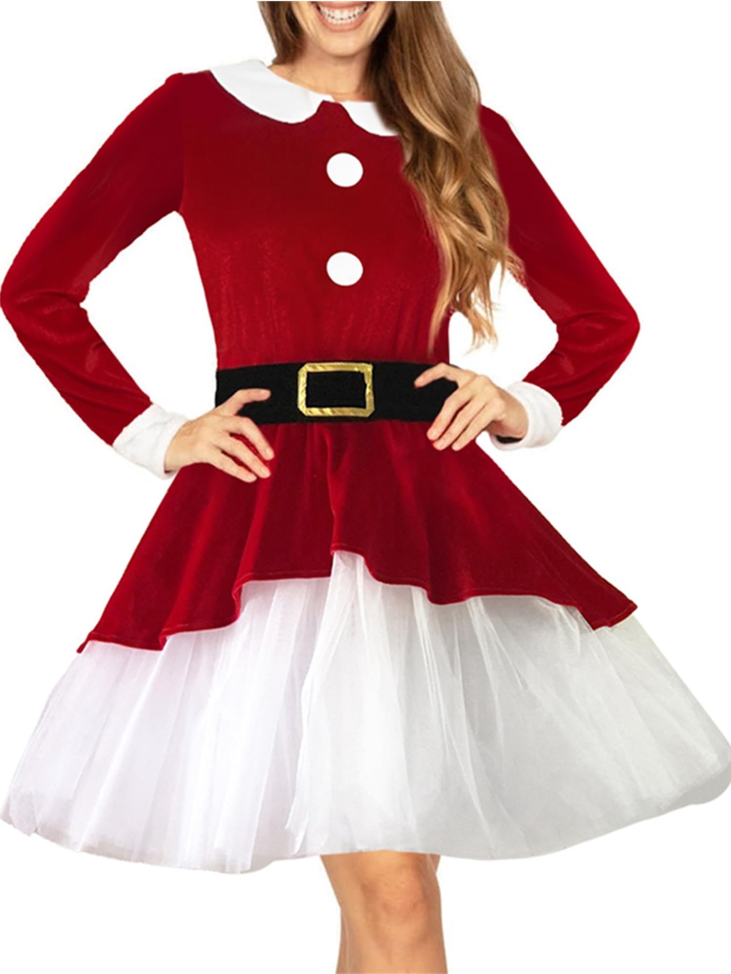 Lxootd Women Santa Claus Dress Christmas Costume Fancy Long Sleeve Dresses for Women Cosplay Party Cocktail (A-Red, L)