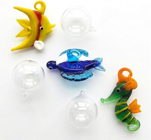 Figuras de peces de vidrio soplado a mano con flotadores, juego de 3 pequeños animales marinos tropicales decorativos (B) Multicolor-B,Multicolor