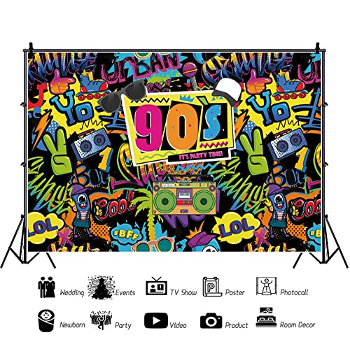 Aoihrraan 3x2,5m Back to The 90's Photography Backdrop Cartoon Graffiti Wall It's Party Time Hip Hop Theme Background Retro Music Rock Punk Disco Theme Party Decoration Banner Photo Studio Props - Image 2