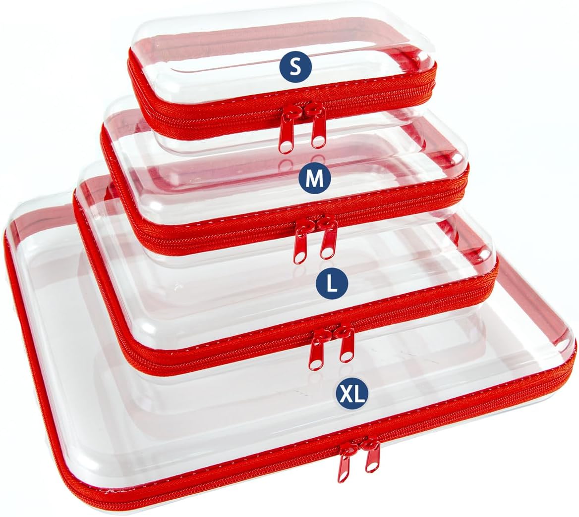4PCS Clear Hard Shell Zippered Case,4 Sizes Durable Clear Travel Toiletry Bag, Waterproof Cosmetic Bag, Toy Storage Organizer Bins,Pencil Case - Red
